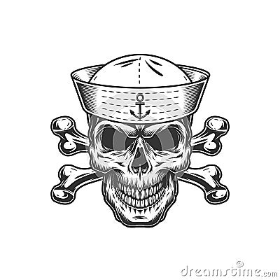 Vintage monochrome skull in sailor hat Vector Illustration