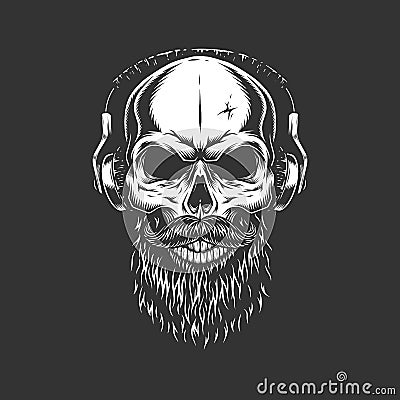 Vintage monochrome skull wearing headphones Vector Illustration