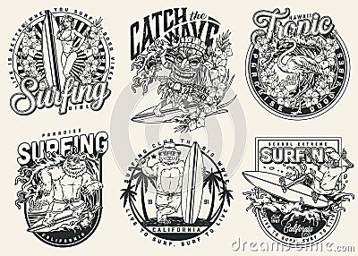 Vintage monochrome surfing badges Vector Illustration