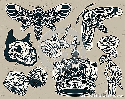 Vintage monochrome tattoos set Vector Illustration