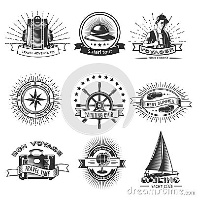 Vintage Monochrome Traveling Labels Set Vector Illustration