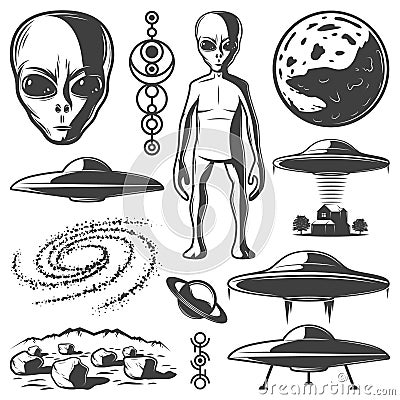 Vintage Monochrome UFO Elements Set Vector Illustration