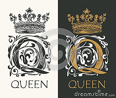 Ornate letter Q with crown vector logo design Vector Illustration