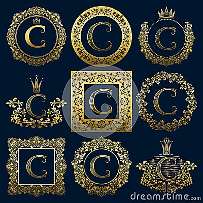 Vintage monograms set of C letter. Golden heraldic logos in wreaths, round and square frames Vector Illustration