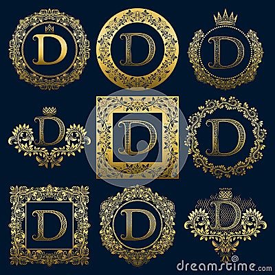 Vintage monograms set of D letter. Golden heraldic logos in wreaths, round and square frames Vector Illustration