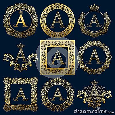 Vintage monograms set of A letter. Golden heraldic logos in wreaths, round and square frames Vector Illustration