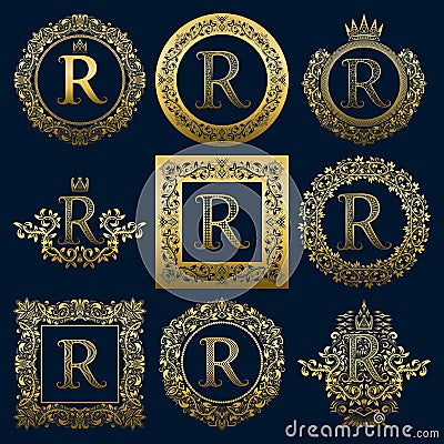 Vintage monograms set of R letter. Golden heraldic logos in wreaths, round and square frames Vector Illustration