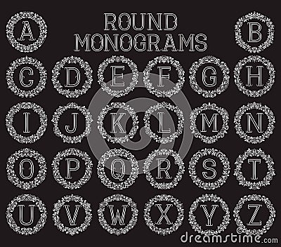 Vintage monograms set in round floral frames. Vector Illustration