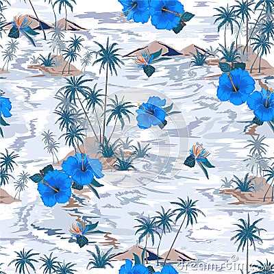 Vintage mood pon monotone blue island summer paradise with blooming hibiscus flowers,palm tree and exotic plants design for all Stock Photo