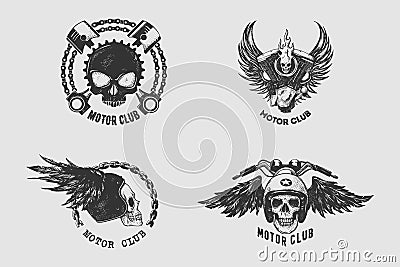 Vintage Motor Club Sign and Label set with chain, skull, helmet and wing. Emblem of bikers and riders. Vector Illustration