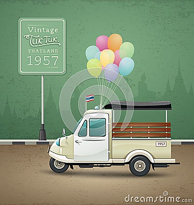 Vintage motor-tricycle (Tuk Tuk) Ayutthaya, Thaila Vector Illustration