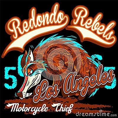 Vintage motorcycle colored signs with aggressive wolf bikers angry inscription lettering isolated vector illustration Vector Illustration