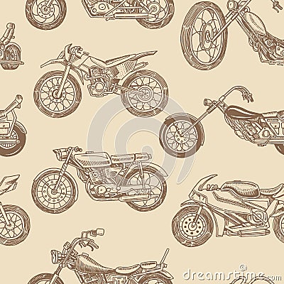 Vintage motorcycles Seamless Pattern. Bicycle Background. Extreme Biker Transport. Retro Old Style. Hand drawn Engraved Vector Illustration