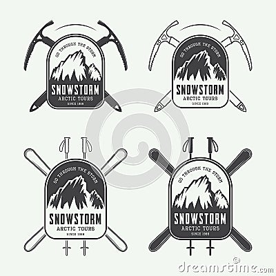 Vintage mountaineering and arctic expeditions logos, badges, emb Vector Illustration