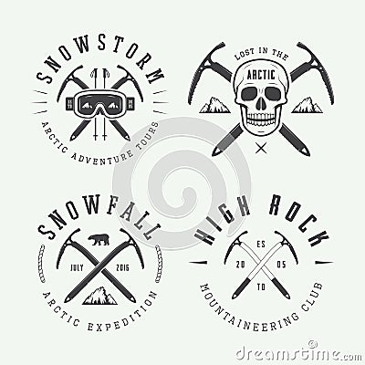 Vintage mountaineering and arctic expeditions logos, badges, emblems and design elements. Vector illustration Vector Illustration