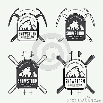 Vintage mountaineering and arctic expeditions logos, badges, emblems and design elements. Vector Illustration