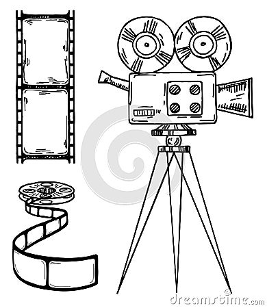 Vintage movie camera and film strip. Black and white vector illustration. Cinema icons in white background Vector Illustration