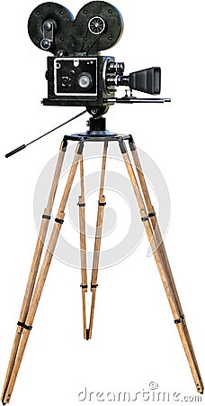 Vintage Movie Film Camera Isolated, Tripod Stock Photo