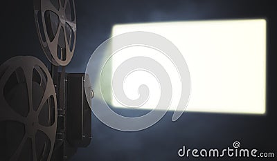 Vintage movie projector is projecting blank screen on wall. 3D rendered illustration Cartoon Illustration