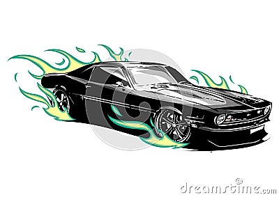 Vintage muscle car with flames a and fire around Vector Illustration