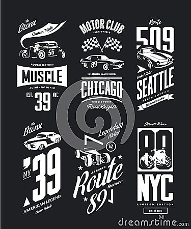 Vintage muscle car, roadster vector t-shirt logo isolated set. Vector Illustration