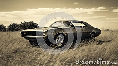Vintage Muscle Car In Sepia Tone: Classic Beauty In A Field Stock Photo