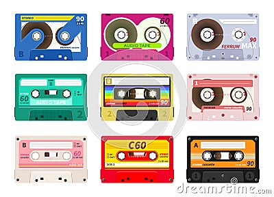 Vintage music cassettes. Retro dj sound tape, 1980s rave party stereo mix, old school record technology. Vector old 90s Vector Illustration