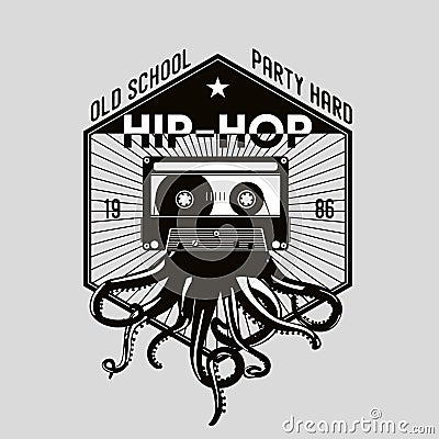 Vintage music emblem . Octopus tentacles and audio cassette. Night party retro icon. Dance festival template. Vector Illustration