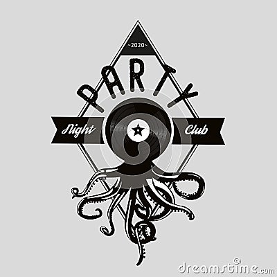 Vintage music emblem. Octopus tentacles and vinyl record. Night party retro print. Vector Illustration