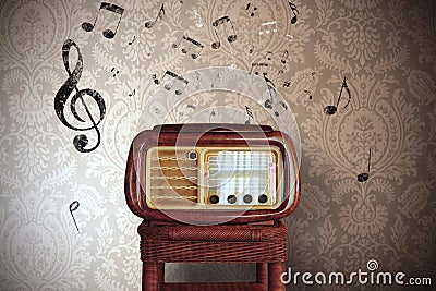 Vintage music notes with old radio Stock Photo