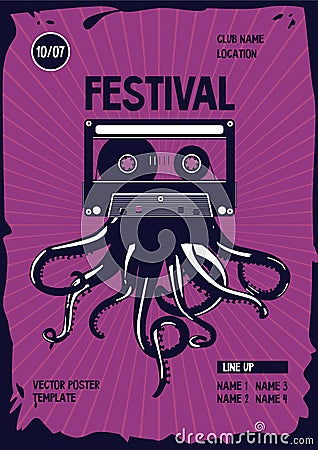 Vintage music poster . Octopus tentacles and audio cassette. Night party retro background. Dance festival template. Vector Illustration