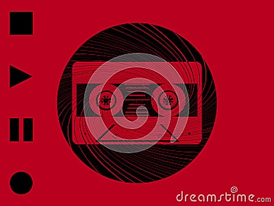 Vintage music tape and swirl circular border on red background Vector Illustration