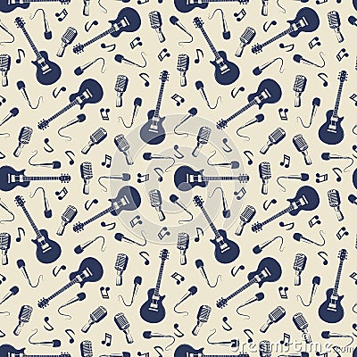 Vintage musical seamless pattern with guitars, microphones Vector Illustration