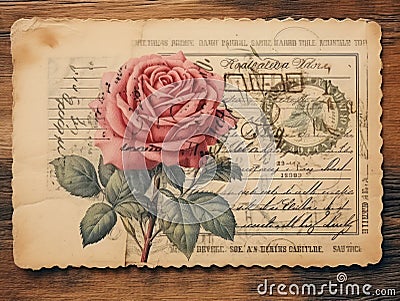 Vintage Muted Rose Postcard with Faded Postmark - AI Generated Stock Photo