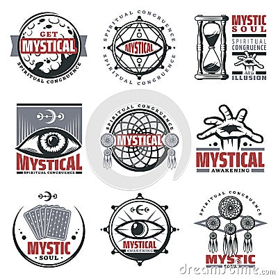 Vintage Mystical Spiritual Emblems Set Vector Illustration