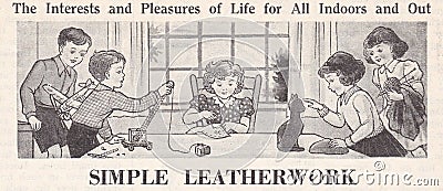 Vintage naive illustration of children doing leather work craft 1940s. Cartoon Illustration