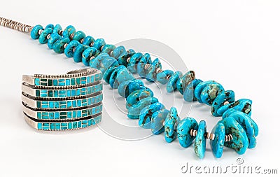 Vintage Native American Turquoise Bead Necklace and Bracelet. Stock Photo