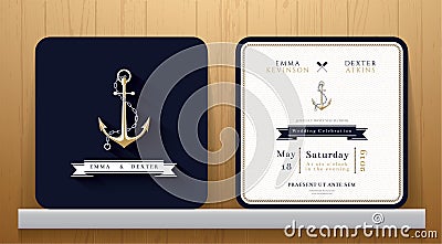 Vintage Nautical Anchors Wedding Invitation Card in Navy Blue Theme Vector Illustration