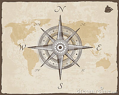 Vintage Nautical Compass. Old Map Vector Paper Texture with Torn Border Frame. Wind rose Vector Illustration