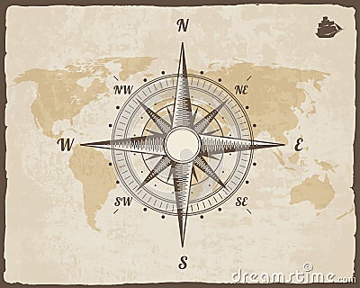 Vintage Nautical Compass. Old World Map on Vector Paper Texture with Torn Border Frame. Wind rose. Background Ship Logo Vector Illustration