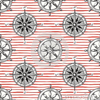 Vintage Nautical Hand-Drawn Ship Steering Wheel and Sea Compass Irregular Horizontal Stripes Vector Seamless Pattern Vector Illustration