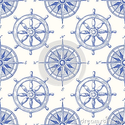 Vintage Nautical Hand-Drawn Ship Steering Wheel and Sea Compass Vector Seamless Pattern. Blue Marine Background Vector Illustration