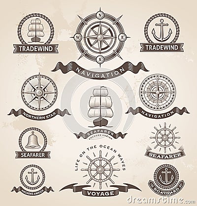 Vintage nautical marine label set. Vector Illustration