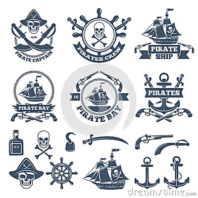 Vintage nautical and pirates labels. Monochrome logos of sea and sailing Vector Illustration