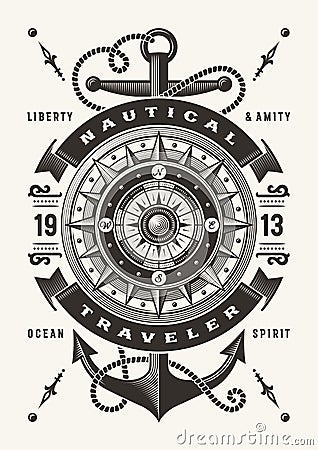 Vintage Nautical Traveler Typography One Color Vector Illustration