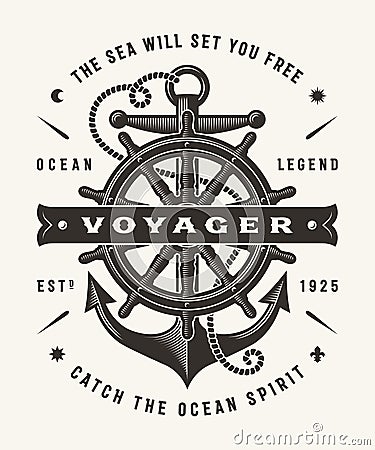 Vintage Nautical Voyager Typography One Color Vector Illustration