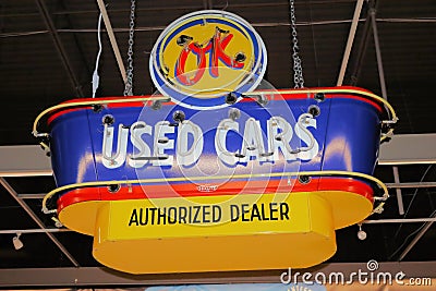 Vintage Neon Used Car Hanging Sign Editorial Stock Photo