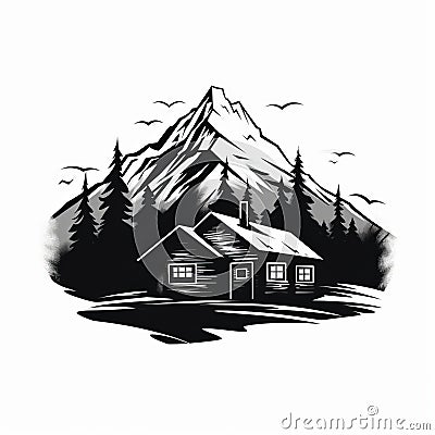 Vintage Neotraditional Cabin And Mountain Silhouette Artwork Cartoon Illustration