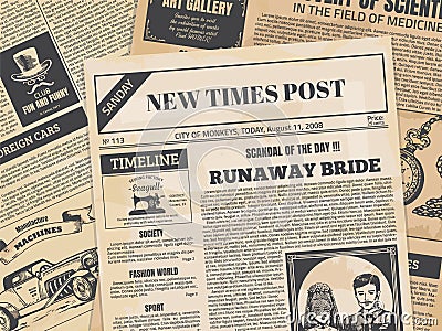 Vintage newspaper. Retro newsprint or magazine page with grunge texture and old headers. Vector ancient paper news Vector Illustration