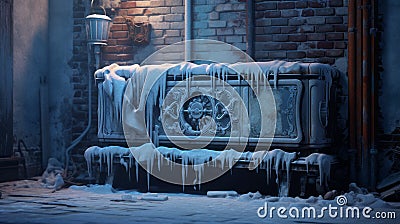 Vintage Nostalgia: Frozen Antique Radiator in an Icy Living Room Stock Photo